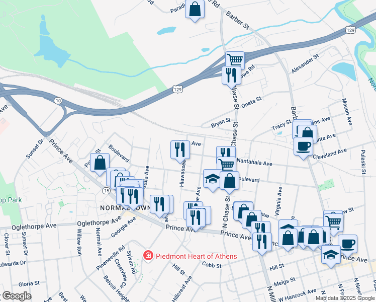 map of restaurants, bars, coffee shops, grocery stores, and more near 295 Hiawassee Avenue in Athens