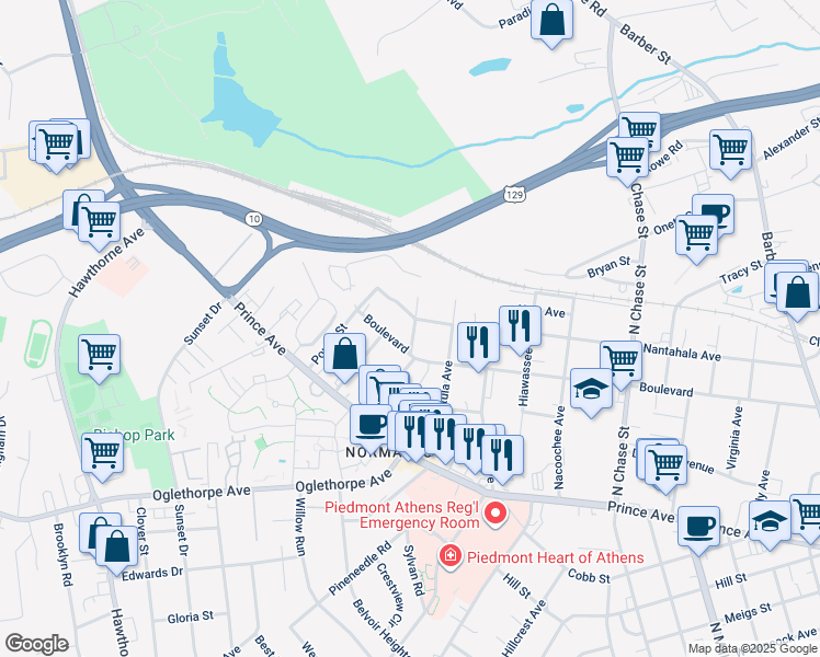 map of restaurants, bars, coffee shops, grocery stores, and more near 1220 Boulevard in Athens