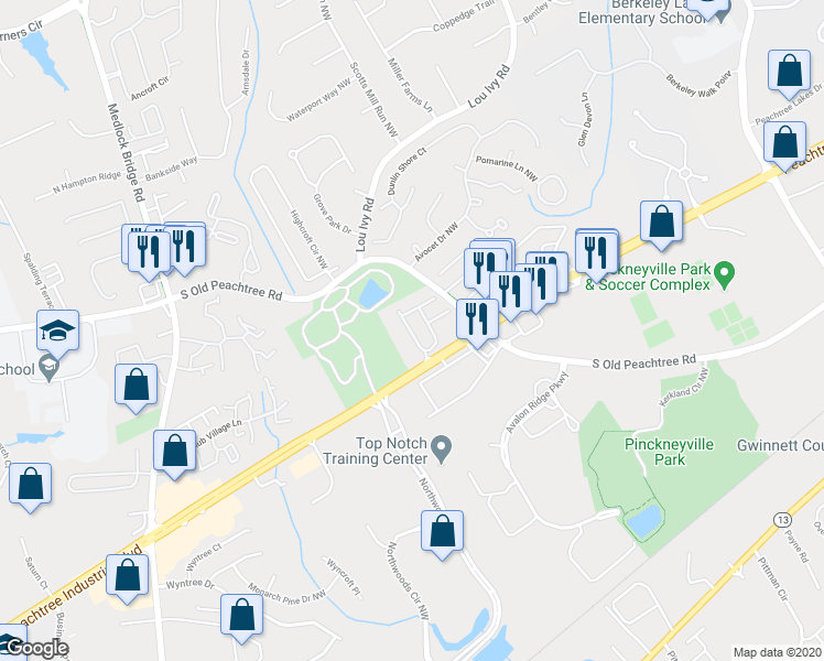 map of restaurants, bars, coffee shops, grocery stores, and more near 4882 Berkeley Oak Circle in Norcross