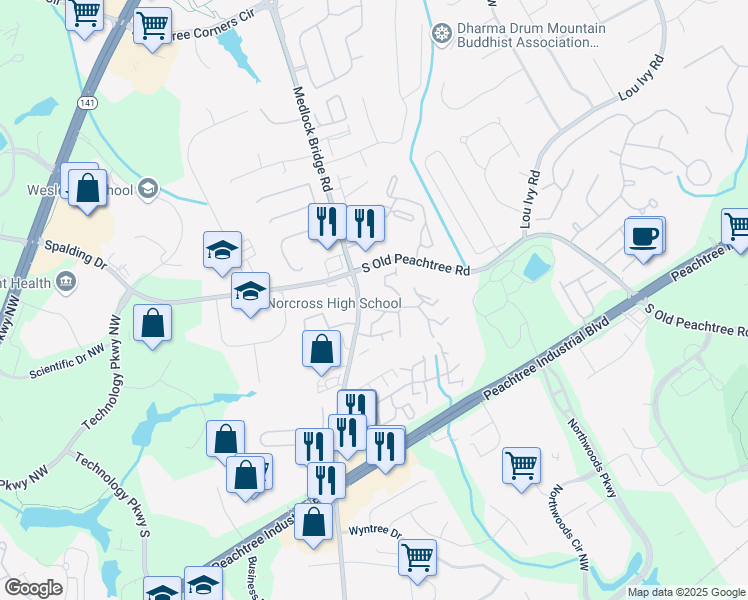 map of restaurants, bars, coffee shops, grocery stores, and more near 5050 Beverly Glen Village Lane in Peachtree Corners