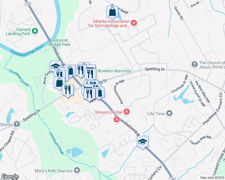 map of restaurants, bars, coffee shops, grocery stores, and more near 6287 Rosecommon Drive Northwest in Norcross
