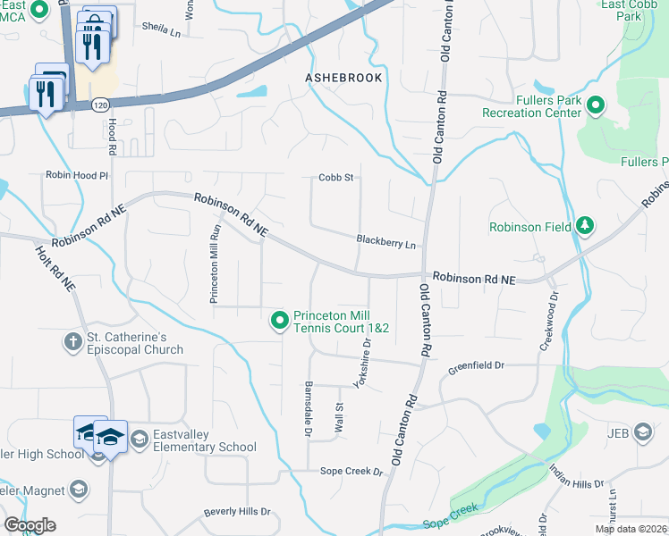 map of restaurants, bars, coffee shops, grocery stores, and more near 2940 Robinson Road in Marietta