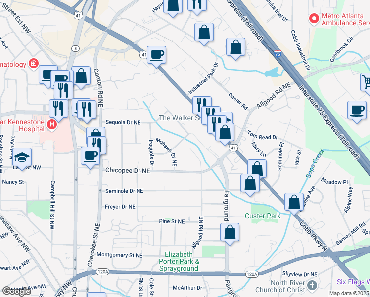 map of restaurants, bars, coffee shops, grocery stores, and more near 619 Creek Water Trail in Marietta