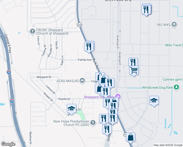 map of restaurants, bars, coffee shops, grocery stores, and more near 4305-4307 Detroiter Street in Wichita Falls