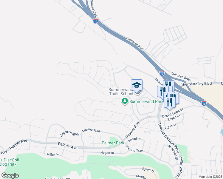 map of restaurants, bars, coffee shops, grocery stores, and more near 1007 Violet Court in Calimesa