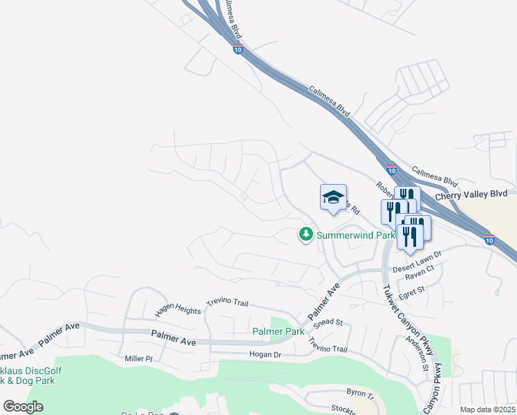 map of restaurants, bars, coffee shops, grocery stores, and more near 1031 Coriander Street in Calimesa