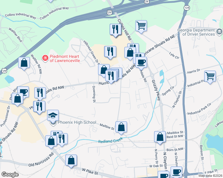 map of restaurants, bars, coffee shops, grocery stores, and more near 419 Hurricane Shoals Road Northwest in Lawrenceville