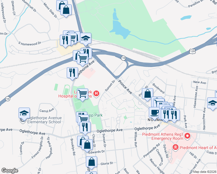 map of restaurants, bars, coffee shops, grocery stores, and more near 7 Myrtle Court in Athens