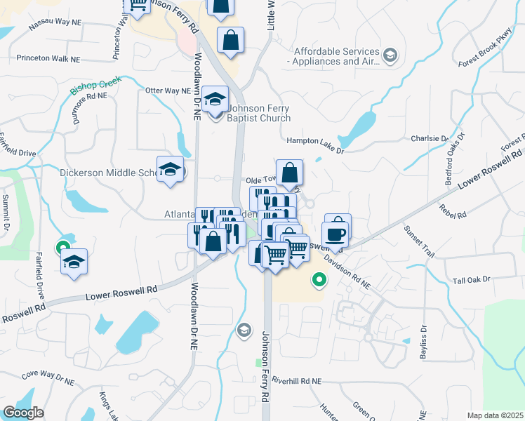 map of restaurants, bars, coffee shops, grocery stores, and more near Oliver Palms Wk in Cobb County