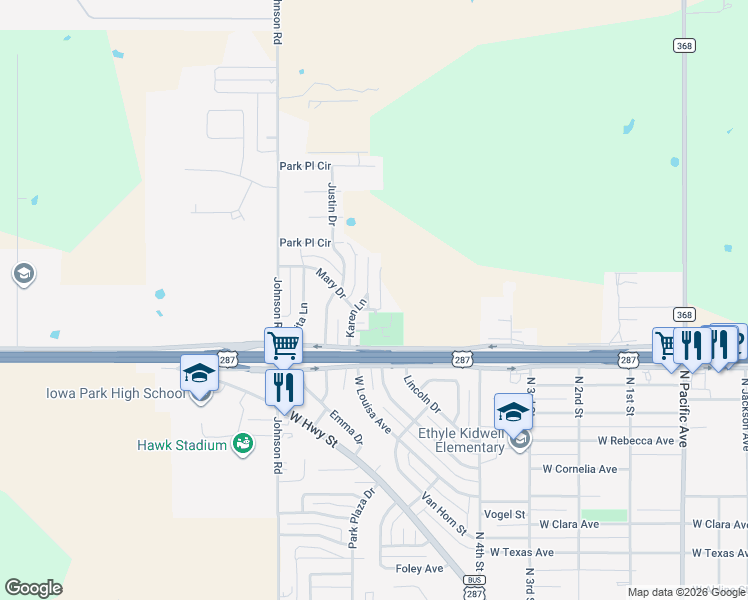 map of restaurants, bars, coffee shops, grocery stores, and more near 1601 Karen Lane in Iowa Park