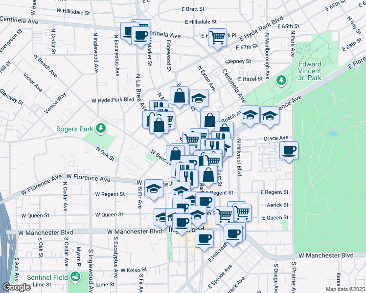 map of restaurants, bars, coffee shops, grocery stores, and more near 319 North Market Street in Inglewood