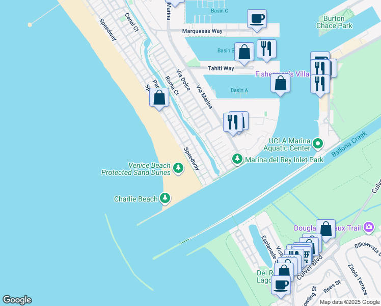 map of restaurants, bars, coffee shops, grocery stores, and more near 18 Union Jack Street in Marina del Rey