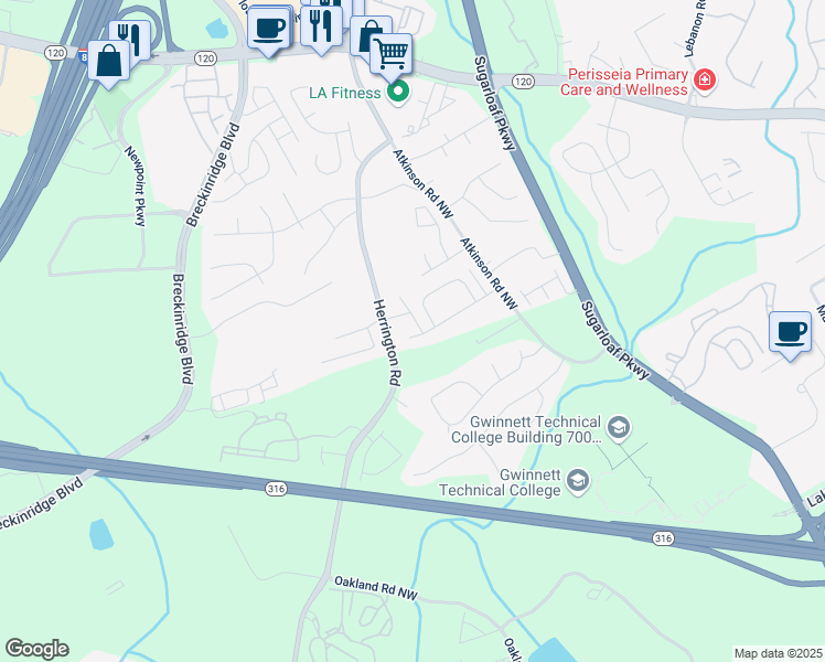 map of restaurants, bars, coffee shops, grocery stores, and more near 2221 Atkinson Park Drive in Lawrenceville