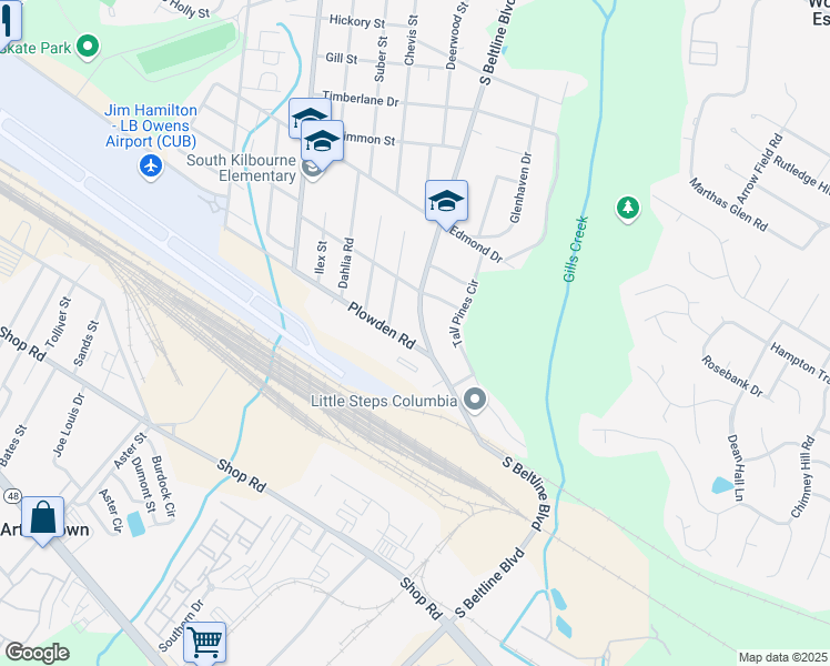 map of restaurants, bars, coffee shops, grocery stores, and more near 1633 South Beltline Boulevard in Columbia