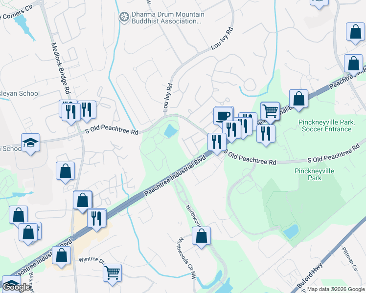 map of restaurants, bars, coffee shops, grocery stores, and more near 4926 Berkeley Oak Circle in Norcross
