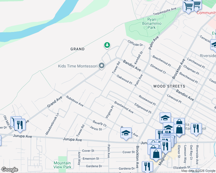 map of restaurants, bars, coffee shops, grocery stores, and more near 4657 Edgewood Place in Riverside