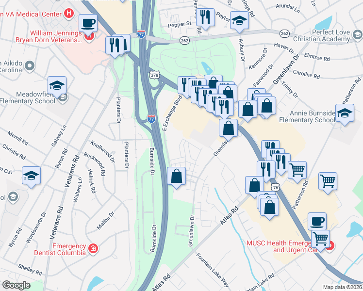 map of restaurants, bars, coffee shops, grocery stores, and more near 250 East Exchange Boulevard in Columbia
