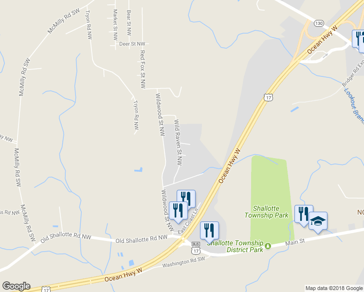 map of restaurants, bars, coffee shops, grocery stores, and more near 186 Wild Raven Street Northwest in Shallotte