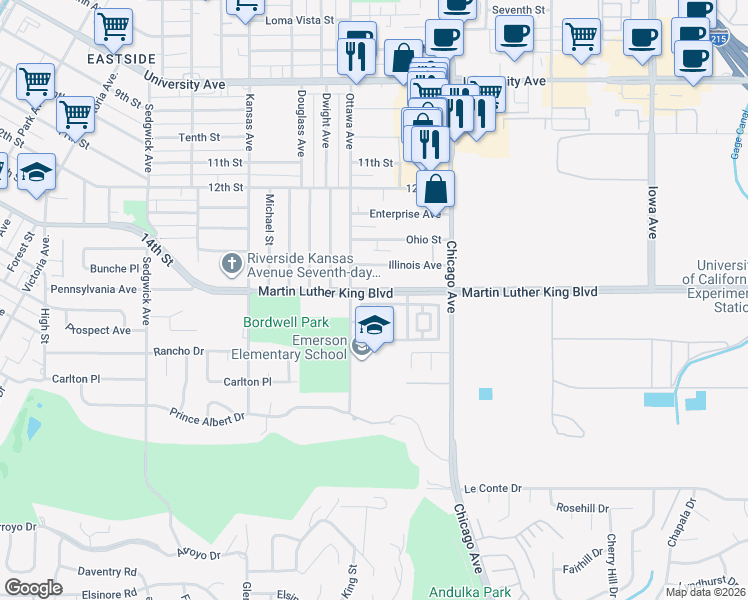 map of restaurants, bars, coffee shops, grocery stores, and more near 4523 Sandano Street in Riverside