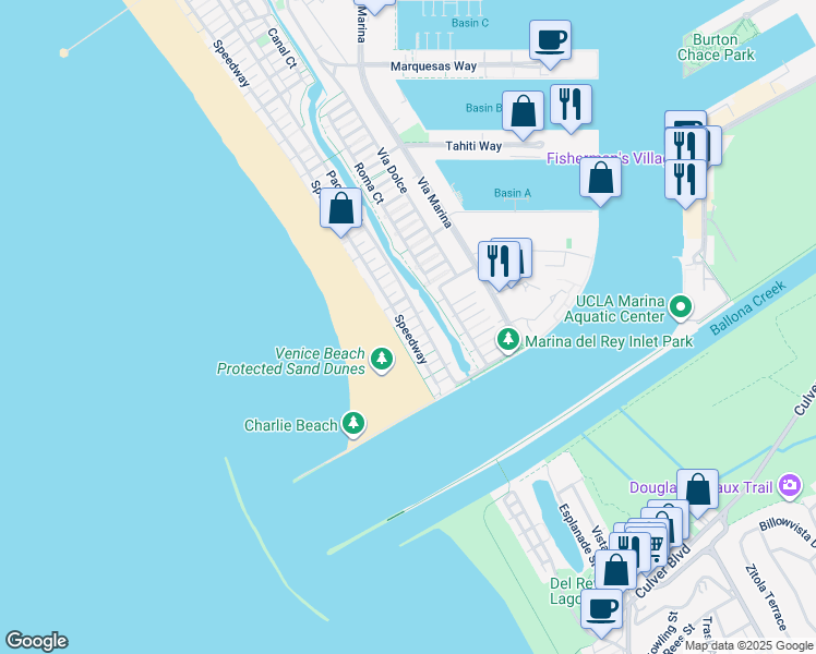map of restaurants, bars, coffee shops, grocery stores, and more near 18 Union Jack Street in Marina del Rey