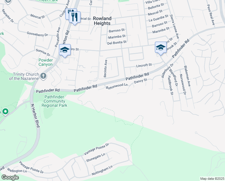 map of restaurants, bars, coffee shops, grocery stores, and more near 18422 Buttonwood Lane in Rowland Heights