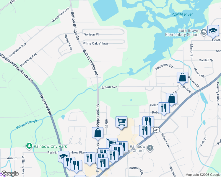 map of restaurants, bars, coffee shops, grocery stores, and more near 341 Brown Avenue in Rainbow City