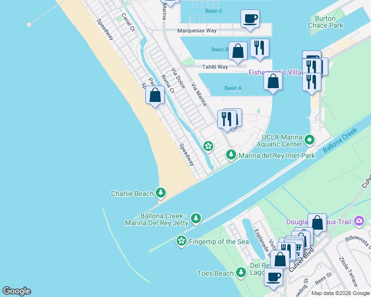 map of restaurants, bars, coffee shops, grocery stores, and more near 18 Union Jack Street in Marina del Rey
