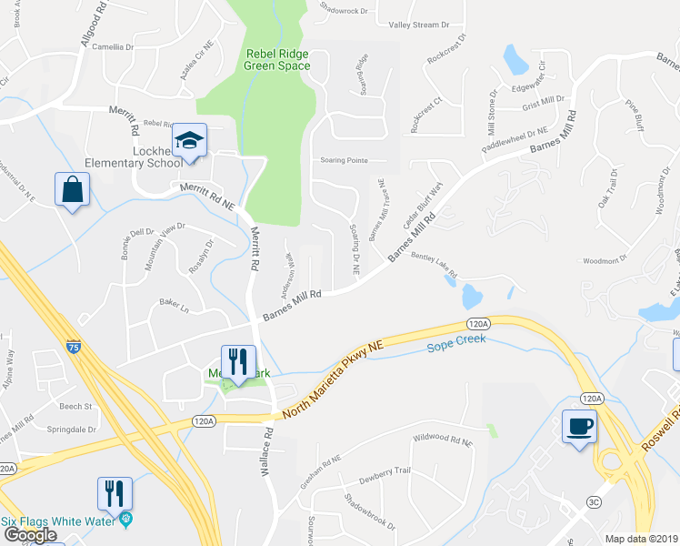map of restaurants, bars, coffee shops, grocery stores, and more near 654 Coventry Township Lane in Marietta