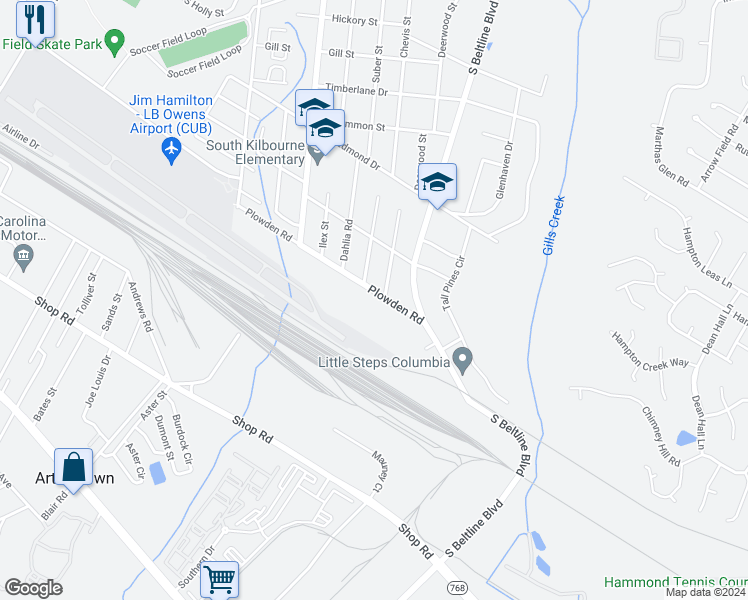 map of restaurants, bars, coffee shops, grocery stores, and more near 22 Plowden Road in Columbia