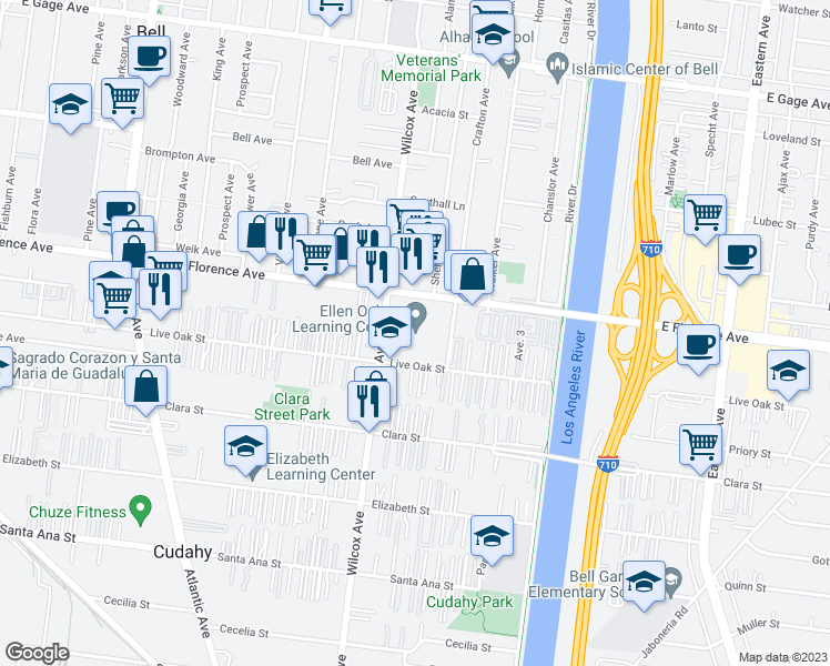 map of restaurants, bars, coffee shops, grocery stores, and more near 5027 Live Oak Street in Cudahy