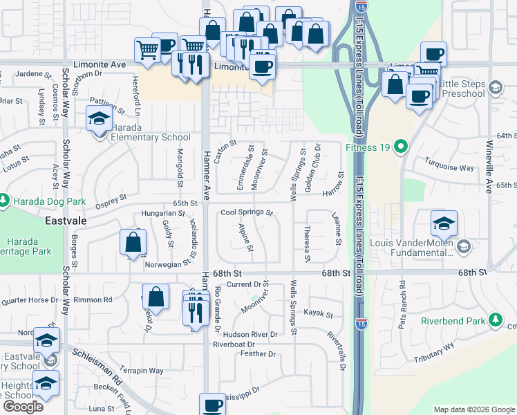 map of restaurants, bars, coffee shops, grocery stores, and more near 12486 Cool Springs Street in Eastvale
