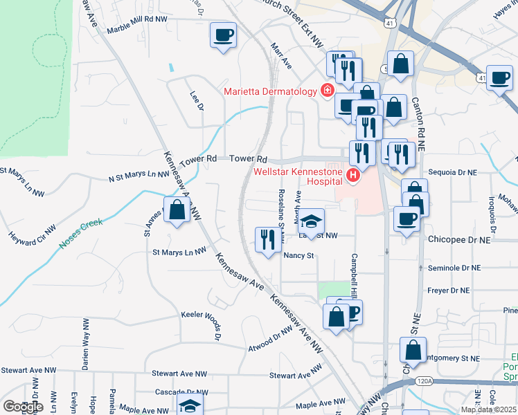 map of restaurants, bars, coffee shops, grocery stores, and more near 110 Burnap Street in Marietta