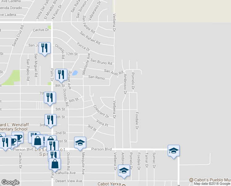 map of restaurants, bars, coffee shops, grocery stores, and more near San Lorenzo Drive in Desert Hot Springs
