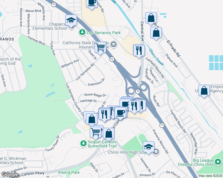 map of restaurants, bars, coffee shops, grocery stores, and more near 5117 Pomona Rincon Road in Corona