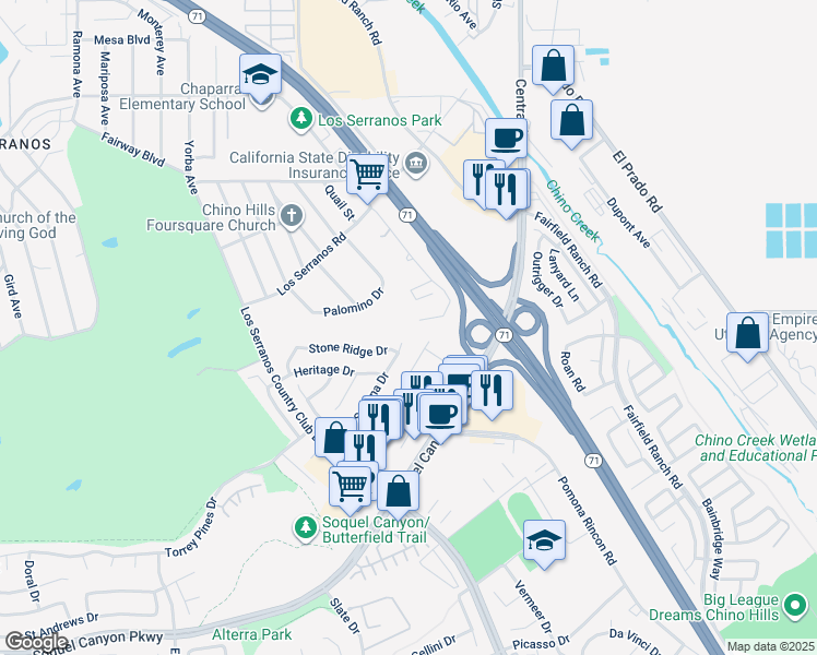 map of restaurants, bars, coffee shops, grocery stores, and more near 5117 Pomona Rincon Road in Chino Hills