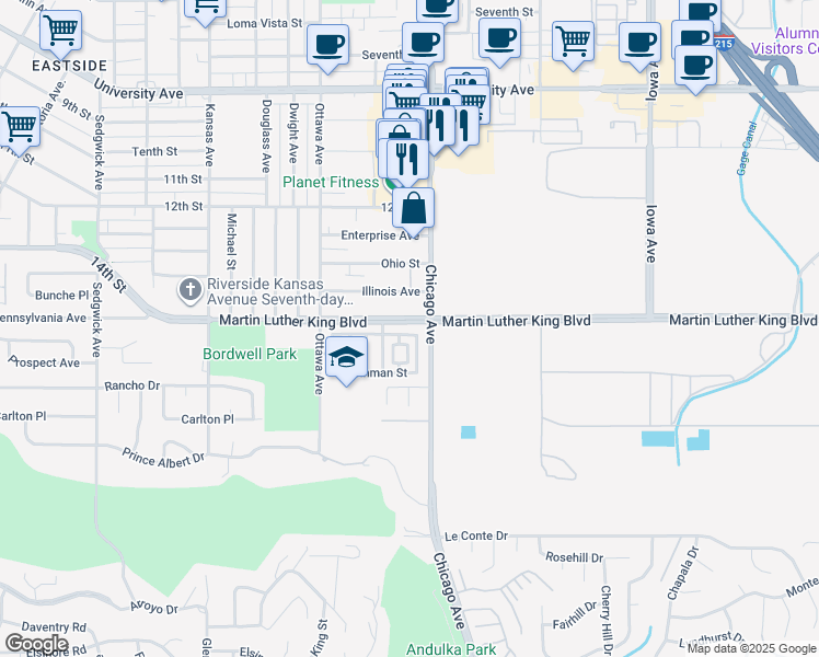 map of restaurants, bars, coffee shops, grocery stores, and more near 1731 Redfield Road in Riverside