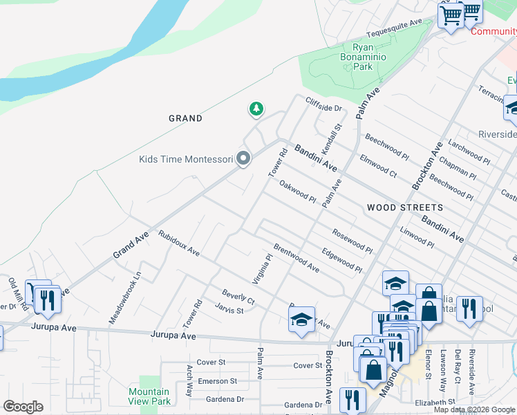 map of restaurants, bars, coffee shops, grocery stores, and more near 4657 Edgewood Place in Riverside