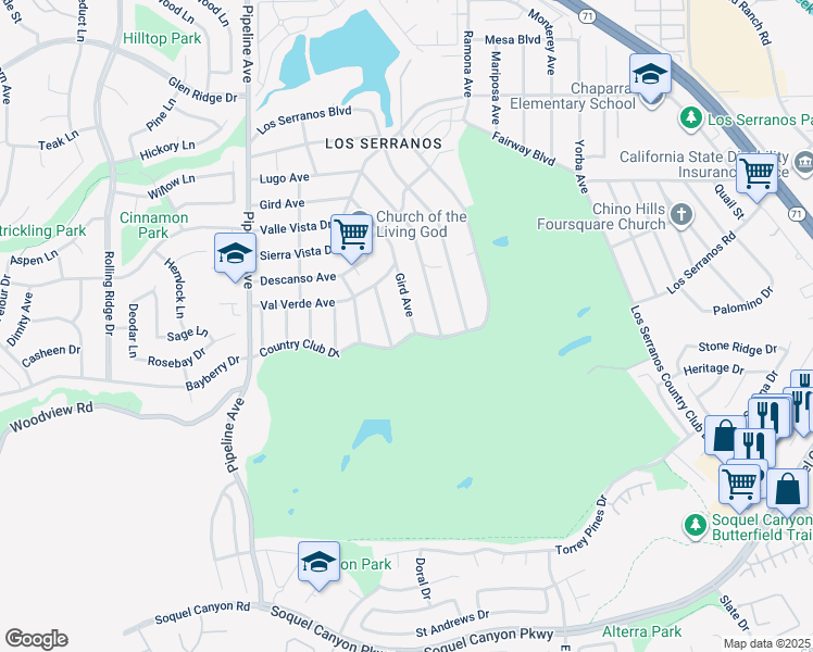 map of restaurants, bars, coffee shops, grocery stores, and more near 15746 Palo Alto Avenue in Chino Hills