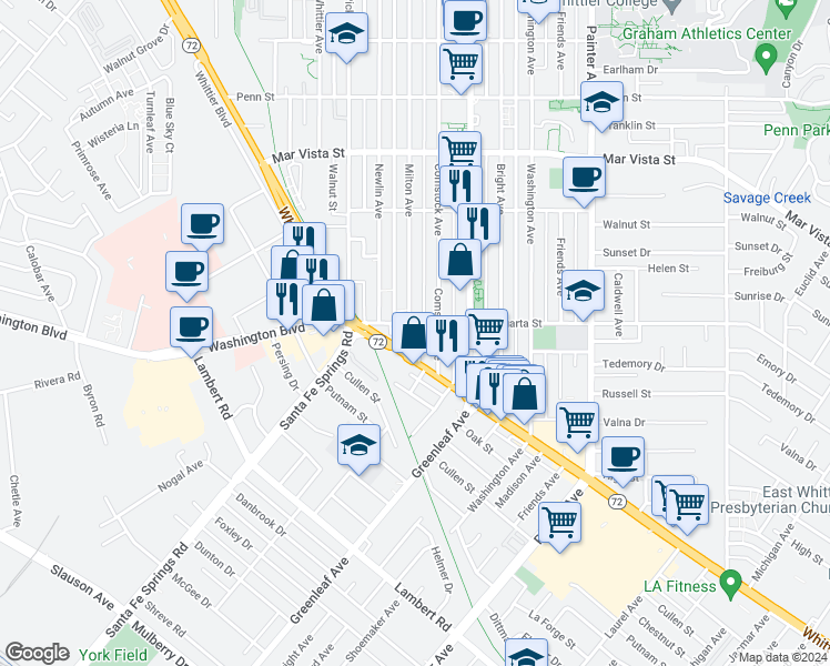 map of restaurants, bars, coffee shops, grocery stores, and more near 15733 Whittier Boulevard in Whittier