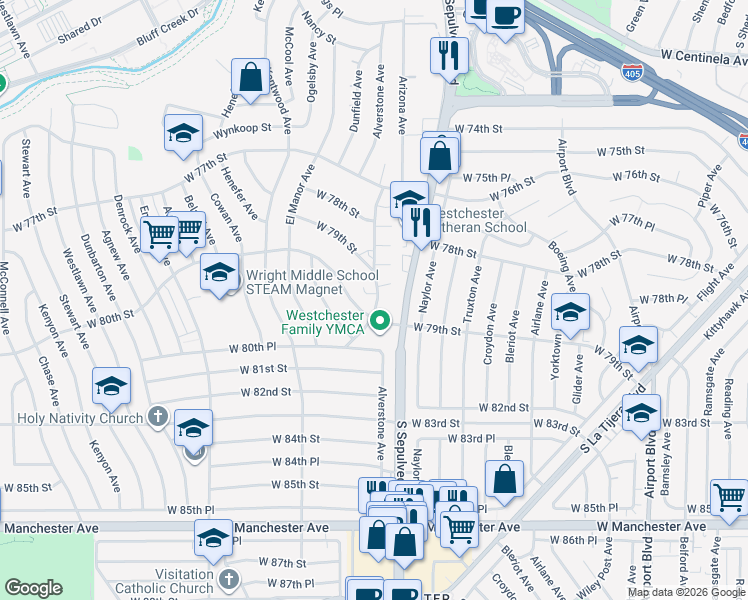 map of restaurants, bars, coffee shops, grocery stores, and more near 7933 Alverstone Avenue in Los Angeles