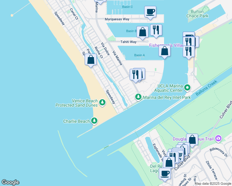 map of restaurants, bars, coffee shops, grocery stores, and more near 30 Voyage Street in Marina del Rey