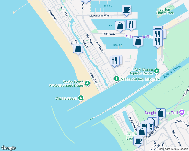 map of restaurants, bars, coffee shops, grocery stores, and more near 30 Voyage Street in Marina del Rey
