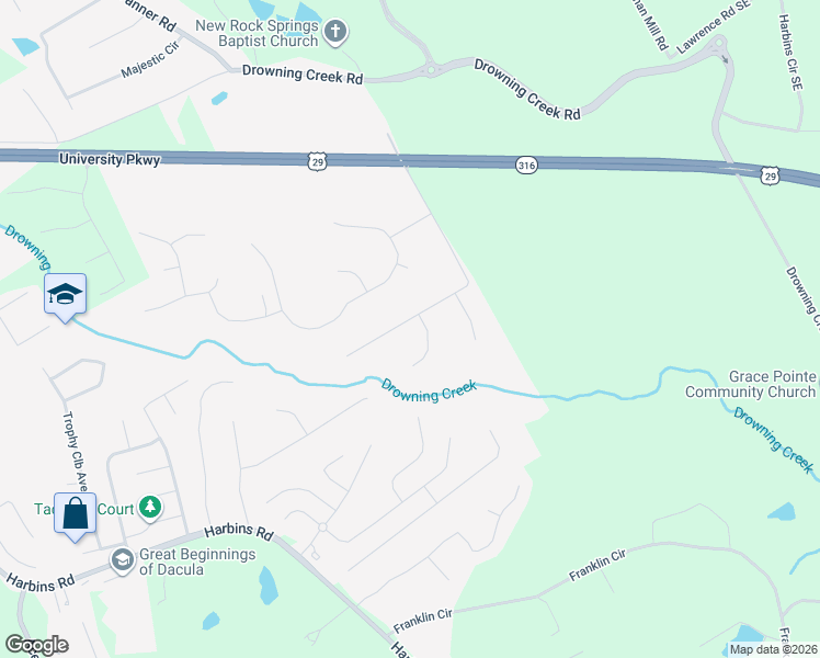 map of restaurants, bars, coffee shops, grocery stores, and more near 1220 Hannah Court Southeast in Dacula