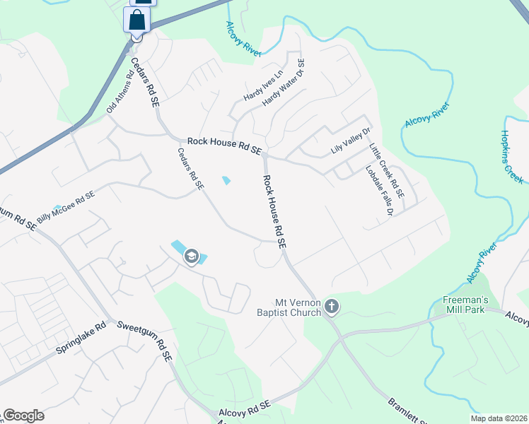 map of restaurants, bars, coffee shops, grocery stores, and more near 275 Rock House Road Southeast in Lawrenceville