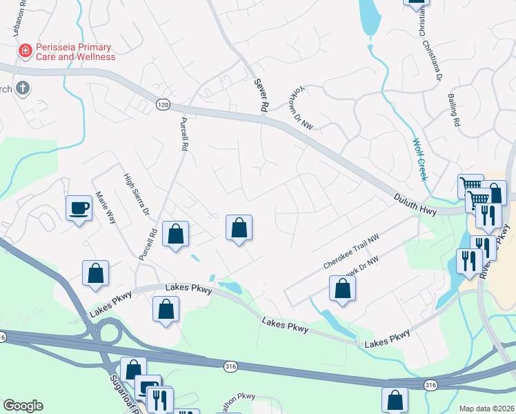map of restaurants, bars, coffee shops, grocery stores, and more near 1520 Omie Way in Lawrenceville