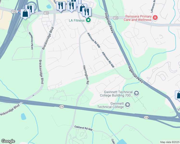 map of restaurants, bars, coffee shops, grocery stores, and more near 2221 Atkinson Park Drive in Lawrenceville
