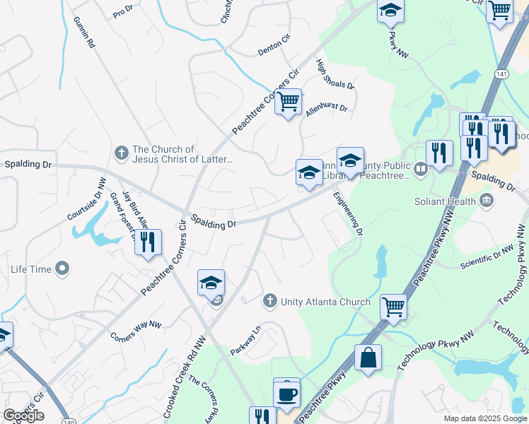 map of restaurants, bars, coffee shops, grocery stores, and more near 5992 Spalding Park Place in Peachtree Corners