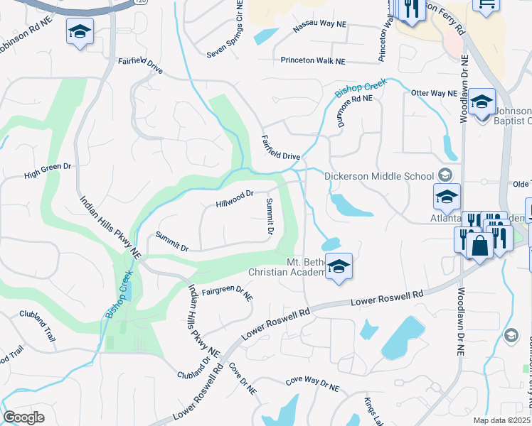 map of restaurants, bars, coffee shops, grocery stores, and more near 4290 Summit Drive in Marietta