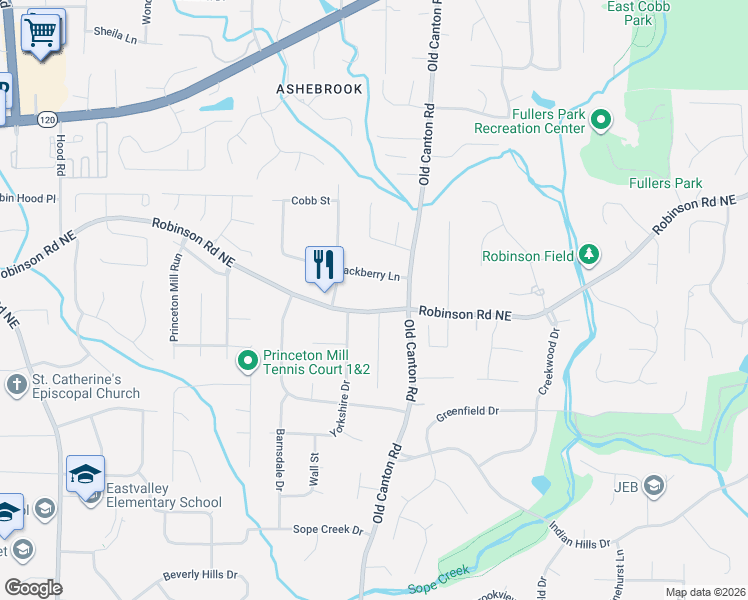 map of restaurants, bars, coffee shops, grocery stores, and more near 3034 Robinson Road in Marietta