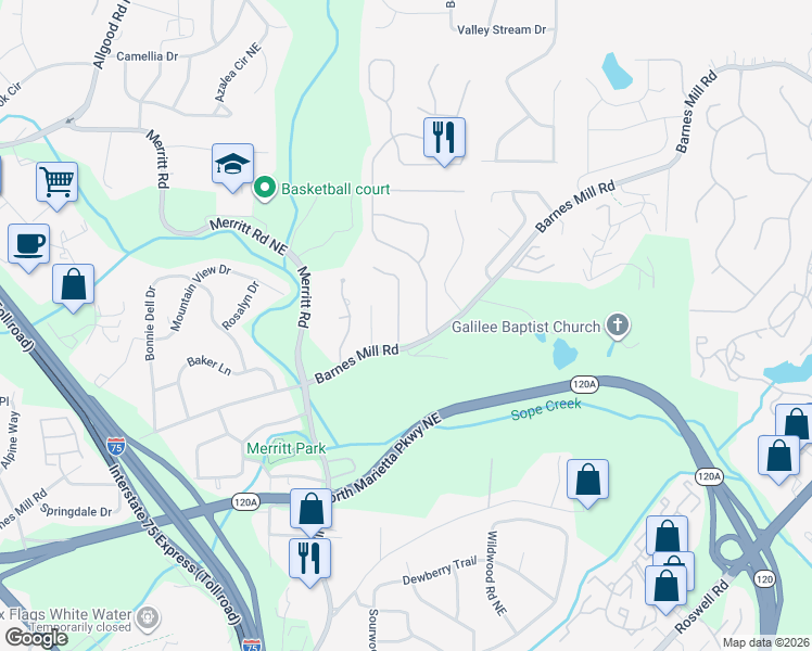 map of restaurants, bars, coffee shops, grocery stores, and more near 654 Coventry Township Lane in Marietta